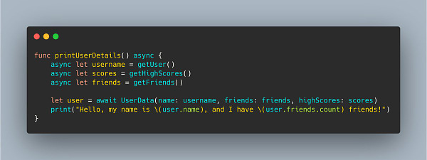 A Swift 5.5 function that uses async let to start three child tasks, then uses await to wait for all three to finish before using them together.