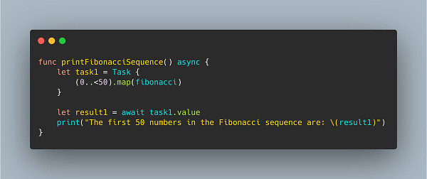 Code that calculates the first 50 numbers of the Fibonacci sequence using Task so that it executes concurrently. 