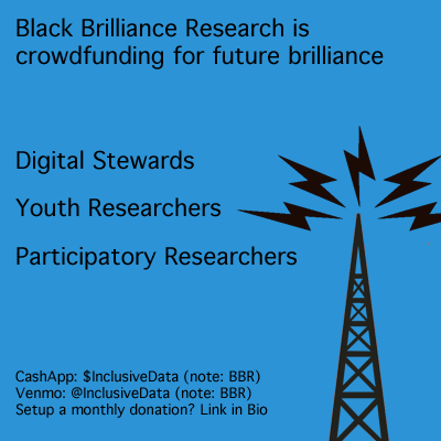 Black Brilliance Research is crowdfunding for future brilliance

Digital Stewards

Youth Researchers

Participatory Researchers

CashApp: $InclusiveData (note: BBR)
Venmo: @InclusiveData (note: BBR)
Setup a monthly donation? Link in Bio