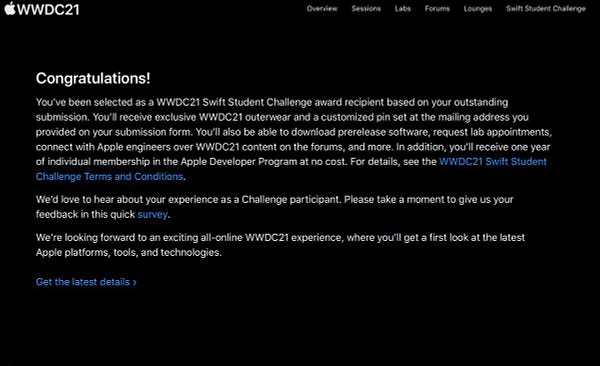 My congratulations email for winning WWDC21 Swift Student Challenge award!