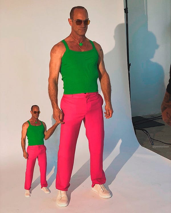 Chris Meloni, standing firm with a bright green tank top paired with bright watermellow pink pants and some dope brown aviators. to his left is a identical, but much smaller version of Chris Meloni. Little Chris reaches up to hold his father’s hand.