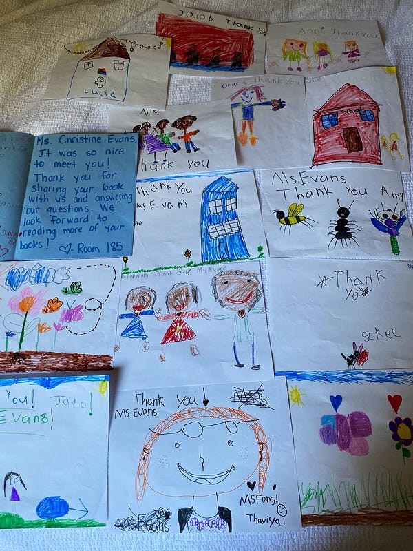 Thank you notes full of kids’ drawings for Christine Evans’s author visit