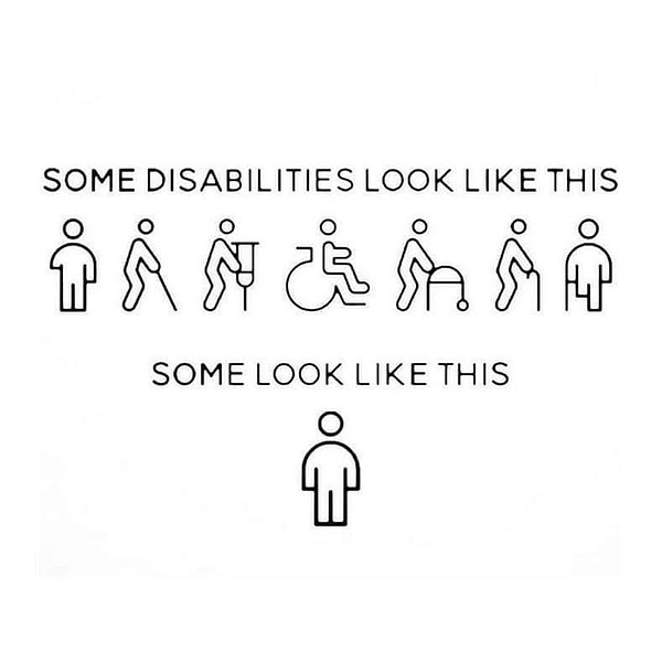 The top of the graphic reads “some disabilities look like this” and has simple drawings of an arm amputated, a person on crutches, a person with a cane, a person in a wheelchair, a person with a walker, a person with a cane for people who are blind, and a person with an amputated leg. Below this line of drawings is the sentence “some disabilities look like this.” Beneath that is a drawing of a person with no apparent injury or ailment.