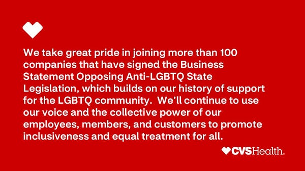 We take great pride in joining more than 100 companies that have signed the Business Statement Opposing Anti-LGBTQ State Legislation, which builds on our history of support for the LGBTQ community. We'll continue to use our voice and the collective power of our employees, members, and customers to promote inclusiveness and equal treatment for all.