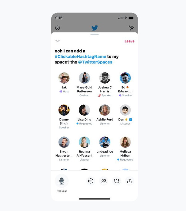 screenshot of mockup space with title: "ooh I can add a #ClickableHashtagName to my space? Thx @TwitterSpaces" with #ClickableHashtagName (hashtag) and @TwitterSpaces (mention of handle) in blue color to indicate they are clickable with remaining title text in black that is unclickable. 