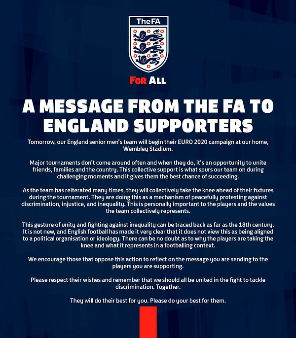 A graphic headed by the FA For All logo, and the headline 'a message from The FA to England supporters'

The full text of the graphic can be read here: https://the-fa.com/5WfsVB