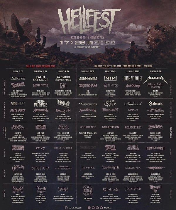 Line Up Plakat des Hellfest 2022 mit über 100 Bands