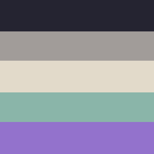 the aego 5-stripe flag, with a somewhat creamy overlay (due to the nature of the bird image used for colour picking being in quite golden light). it features a dark blackpurple stripe, a warm grey stripe, warm white, and aqua blue, and a violet
