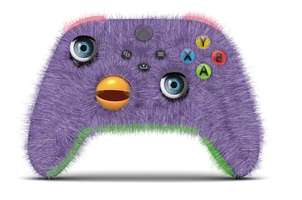 Purple furry/fluffy Xbox Series controller with green back and pink bumpers. The thumbsticks are Furby eyes and the D-pad is a Furby mouth.