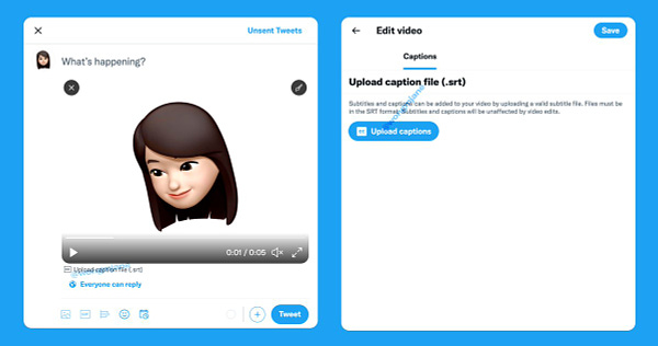 In the Tweet composer, after you pick a video, the “Upload caption file (.srt)” option is available below the video player, which brings you to a new video where you can upload the SRT caption file