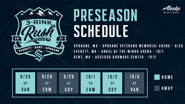 the seattle kraken schedule with a "3 rink rush logo" in the left corner.

Names of the 3 whl arenas in the middle of graphic

dates are below in blue

alaska airlines logo in the far right corner