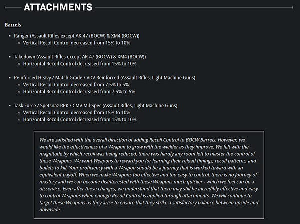 Image detailing Attachment changes in the June 30th patch. Full patch notes at www.tinyurl.com/WarzoneS4