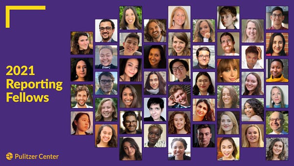 A grid of 48 headshots of college students on a purple background. Text: 2021 Reporting Fellows. Pulitzer Center.
