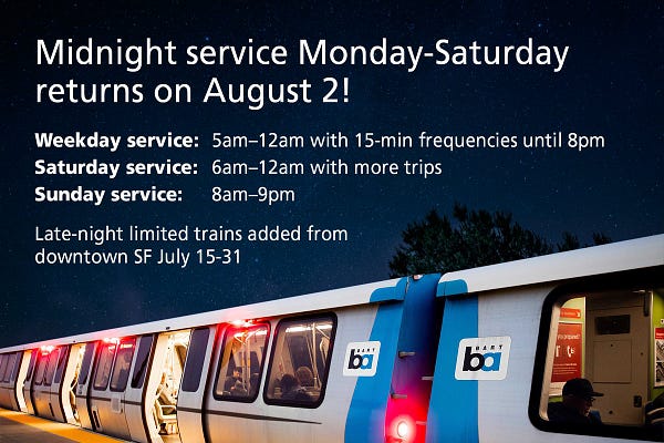 Flyer reading: Midnight service Monday-Saturday returns on August 2!

Weekday service: 5am-12am with 15-min frequencies until 8 pm
Saturday service: 6am-12am with more trips
Sunday service: 8am-9pm
