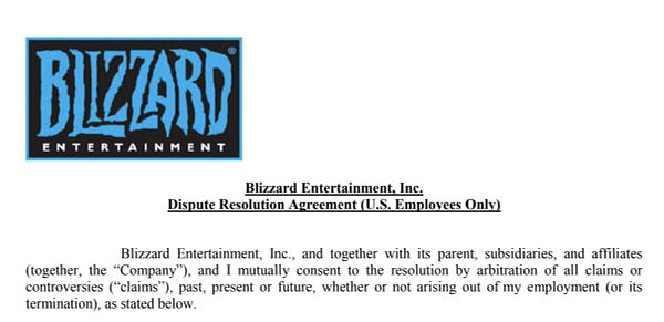 Blizzard Entertainment, Inc.

Dispute Resolution Agreement (U.S. Employees Only)
Blizzard Entertainment, Inc., and together with its parent, subsidiaries, and affiliates
(together, the “Company”), and I mutually consent to the resolution by arbitration of all claims or
controversies (“claims”), past, present or future, whether or not arising out of my employment (or its
termination), as stated below.