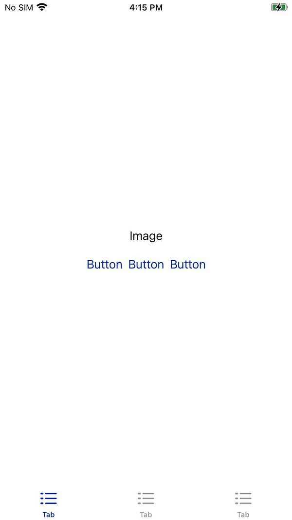 Screenshot. Blank white screen with center text, “Image.” Under image text are 3 buttons which each say “button.” At the bottom are three tabs, each tabled, “tab.”