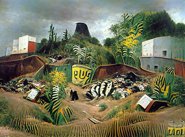 heaps of trash over-grown with stylized jungle plants
some buildings in the background and an overcast sky