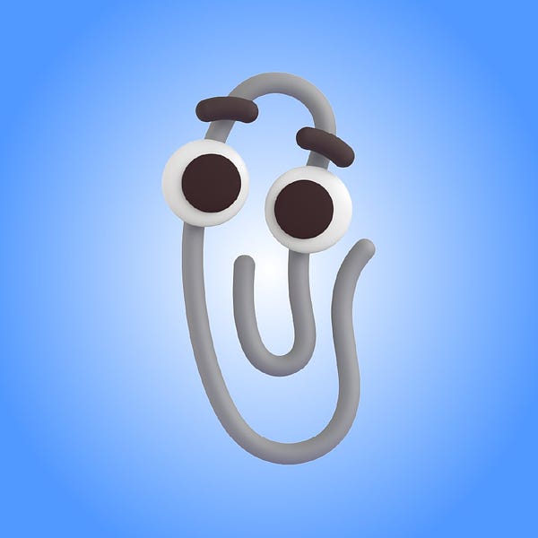 Photo of the redesigned Clippy emoji against a light blue background.