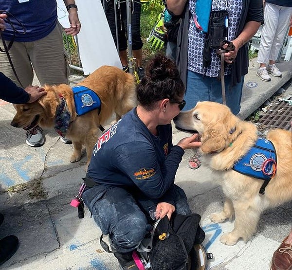 two golden retrievers, each being pet by a different first responder. one woman is kneeling and kissing a dog on the nose. the golden is smiling