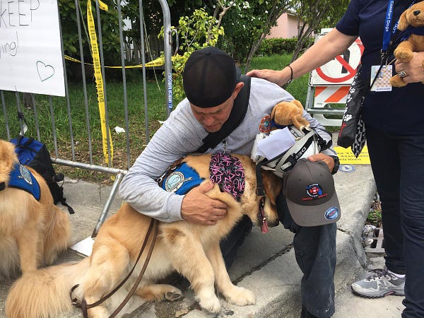 golden retriever sitting with their head buried in the lap of a male first responder. he is giving the dog a firm hug with one hand. the other hand is holding a mini stuffed comfort dog. his head is down but he appears to be crying