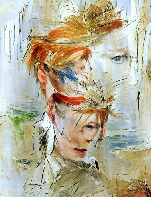 a sketch watercolour face with 2 faces, elements of David Bowie or Tilda Swinton