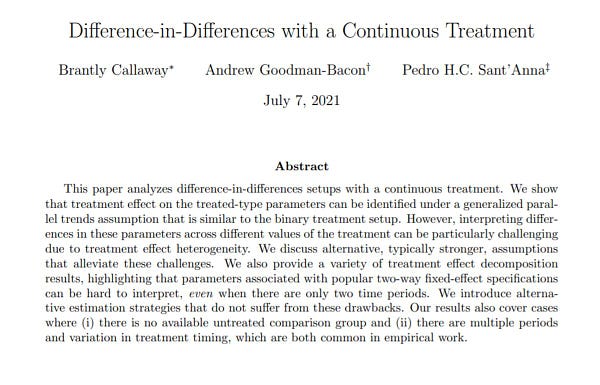 Difference-in-Differences with a Continuous Treatment, by Brantly Callaway, Andrew Goodman-Bacon and Pedro H. C. Sant'Anna