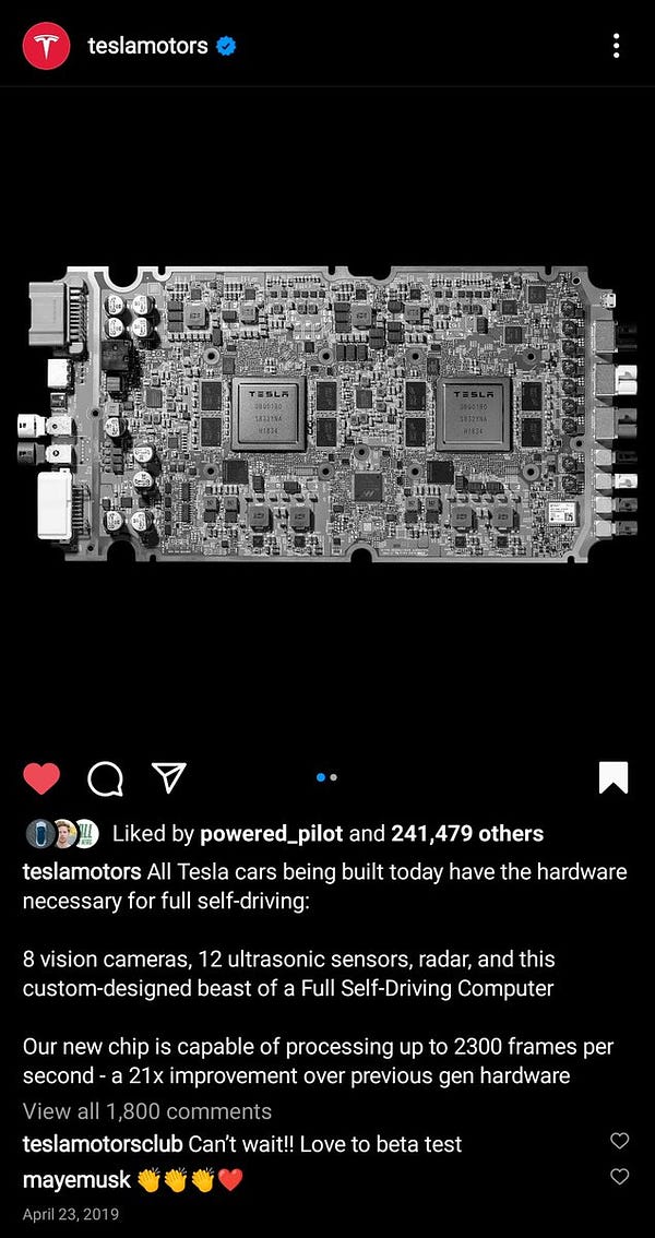 April 2019: Tesla announces all new vehicles produced will have FSD-capable hardware on Instagram.