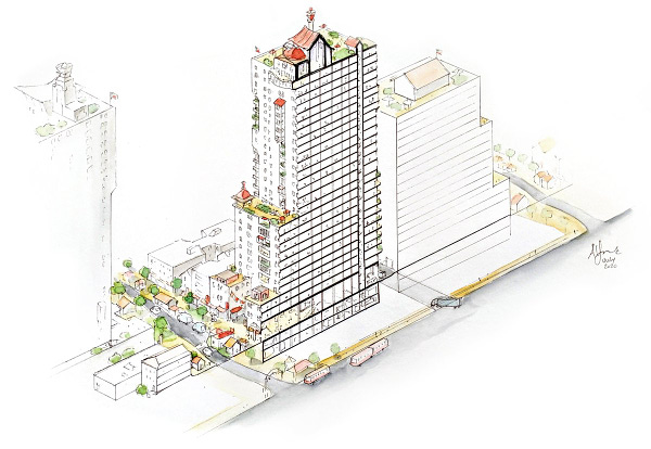 Cross section of a 30-story building stepped back at the 3rd and 12th floors. The street in front has a single drop-off lane, the rest has market stalls, trees, and tiny houses.