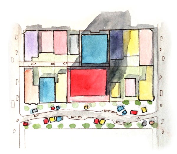 a block with different buildings shaded different colors.  Two tall ones are in the middle.