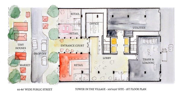 Floor plan of tower, showing street on left, retail and entrance court, lobby, and loading utility areas