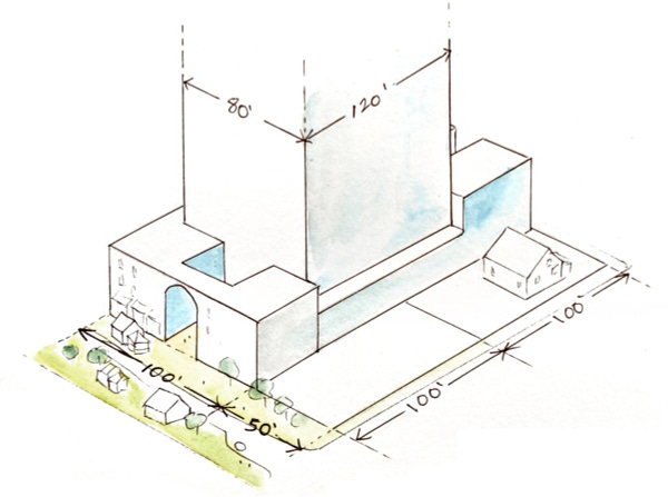 Isometric drawing of a 80'x120' wide tall building built in the middle of a 100'x200' lot.  There is a street in front with a landscaped plaza and tiny houses and driveway