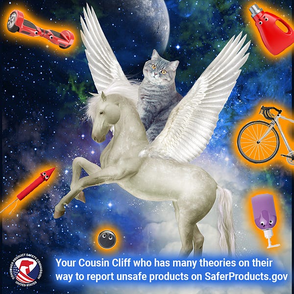 A cat named Cliff who is your cousin riding a pegasus in space surrounded by unsafe products. The text reads: Your cousin cliff who has many theories on their way to report unsafe products on SaferProducts.gov