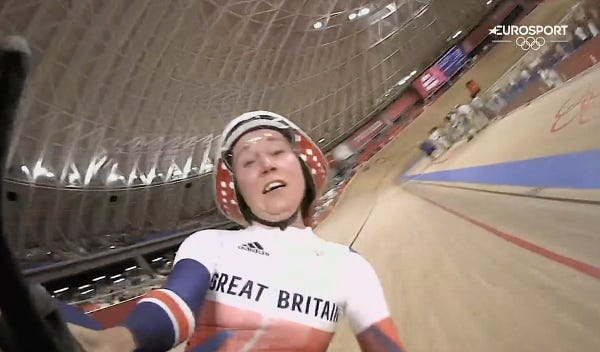 seat-cam photo of Great Britain's Katie Archibald, midway through an unexpected post-race crash in the Team Pursuit