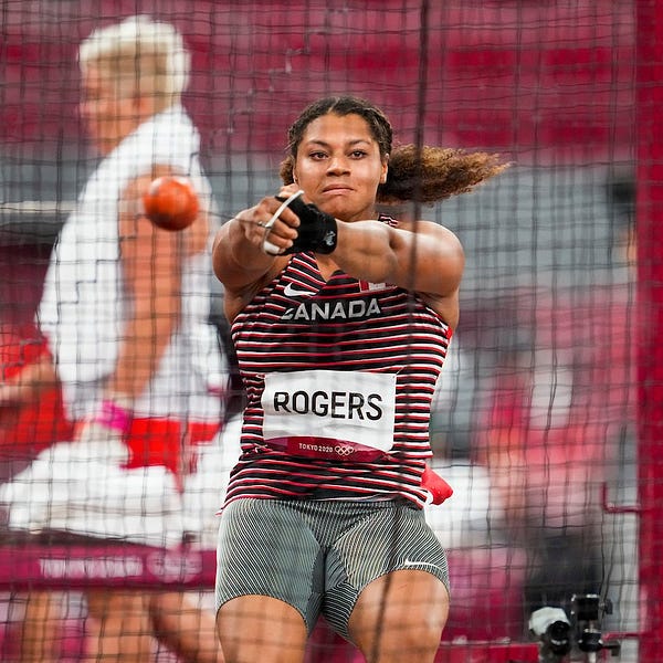 Camryn Rogers holding the hammer, up in the air. Her ponytail is up in the air to the side.