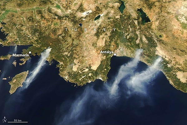The Moderate Resolution Imaging Spectroradiometer (MODIS) on NASA’s Aqua satellite captured a wider natural-color image (below) of several of them near Antalya and Marmaris on Aug. 3, 2021.