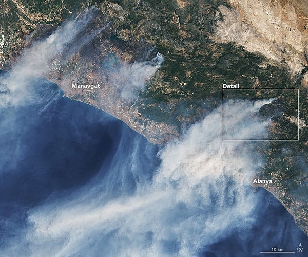 On July 31, 2021, the Operational Land Imager (OLI) on Landsat 8 acquired natural-color imagery (above) of fires near the coastal towns of Alanya and Manavgat, Turkey.