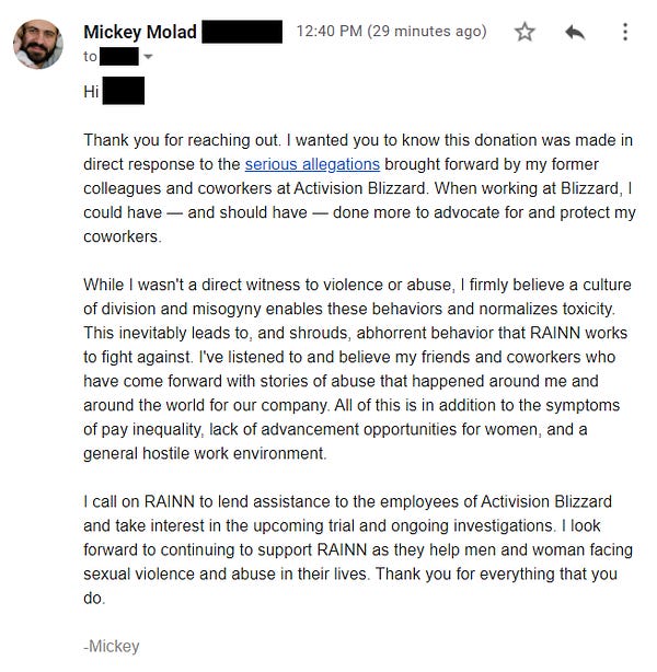 A picture of a letter sent to RAINN that calls for support of the investigation of Activision Blizzard.