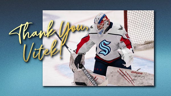 Image of Vitek Vanecek with a Kraken logo photoshopped on his jersey against a blue graphic background and gold text that reads Thank you, Vitek. 