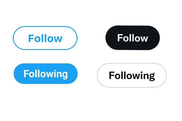 Shows Twitter follow buttons, before vs after Aug 2021 redesign