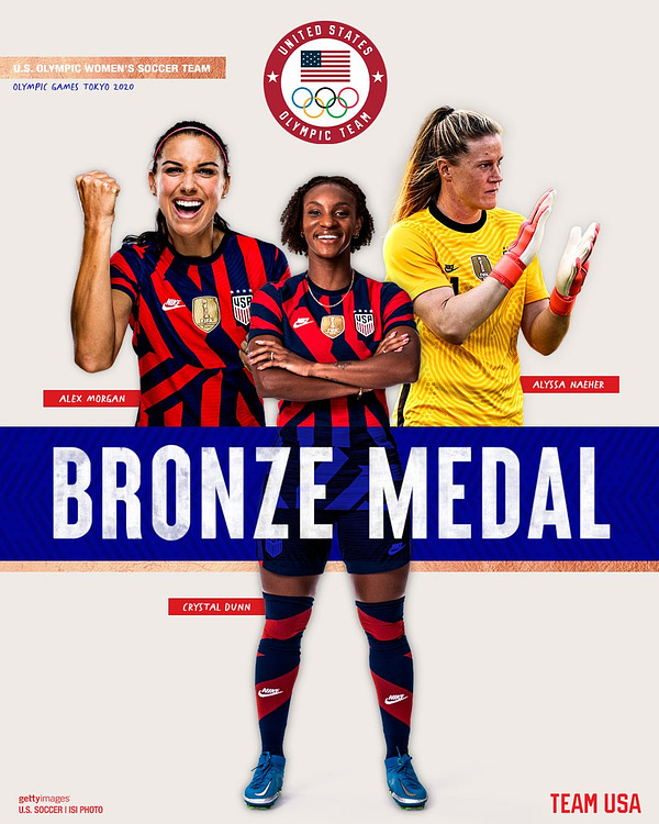 A graphic that reads "Bronze medal" with three images of USWNT players in Team USA uniform - Alex Morgan, Crystal Dunn and Alyssa Naeher. 