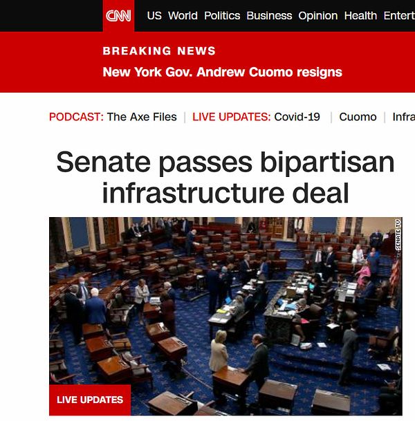 New York Gov. Cuomo resigns and the Senate passes an infrastructure deal. 