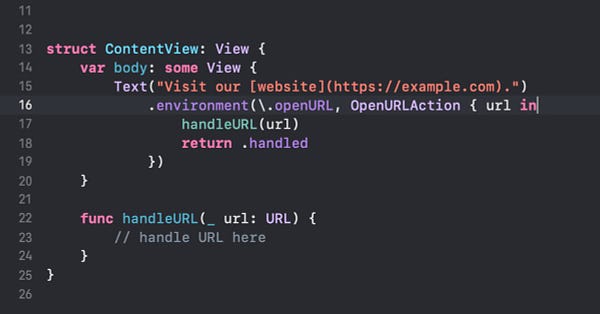 Screenshot of code that has a SwiftUI Text view created from a Markdown string that contains a link. A custom OpenURLAction is set in the environment through openURL environment value to be called when the link inside the Text view is tapped.