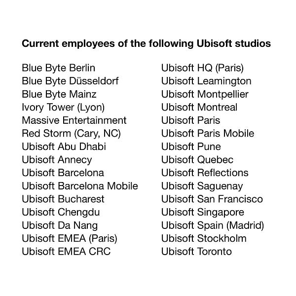 A list of some of the Ubisoft studios from which current employees signed the open letter