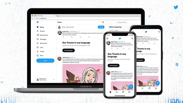 An iPhone, Android, and laptop computer showing the same screen: the Twitter timeline displaying visual updates with left-aligned text, more space between lines of text, and higher color contrast of buttons.