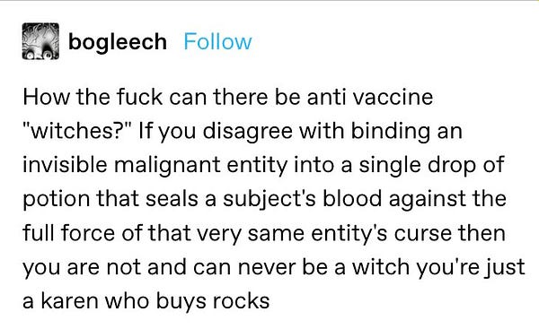From Tumblr user bogleech: “How the fuck can there be anti vaccine "witches?" If you disagree with binding an invisible malignant entity into a single drop of potion that seals a subject's blood against the full force of that very same entity's curse then you are not and can never be a witch you're just a karen who buys rocks”