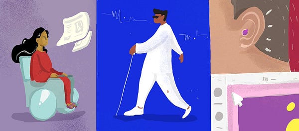 An illustration depicting a person in a wheelchair, a visually impaired person with dark glasses and a cane, and the ear of another person with a hearing aid in it.