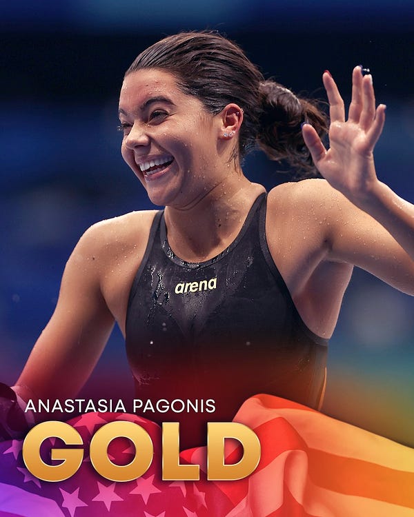 photo of Paralympian Anastasia Pagonis smiling on a graphic celebrating her gold medal win