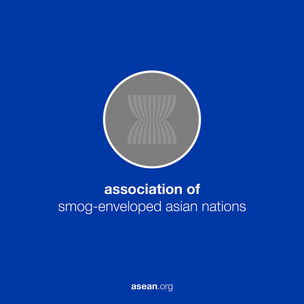 Black-and-white ASEAN logo with a corresponding text: "association of smog-enveloped asian nations"