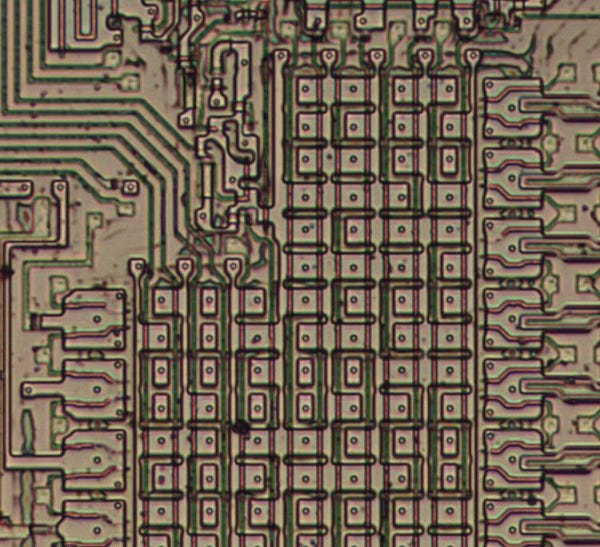 Closeup of the 8087 die showing part of the constant ROM. This is a grid of transistors with vertical select lines.