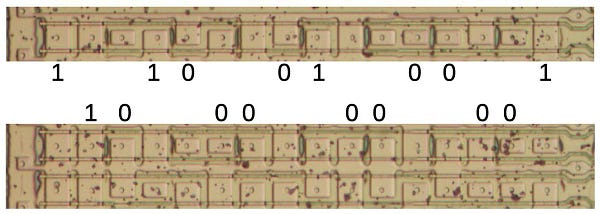 A closeup of the ROM with two sequences of bits shown. 11001001 is the first part of pi, while 10000000 is the constant 1.